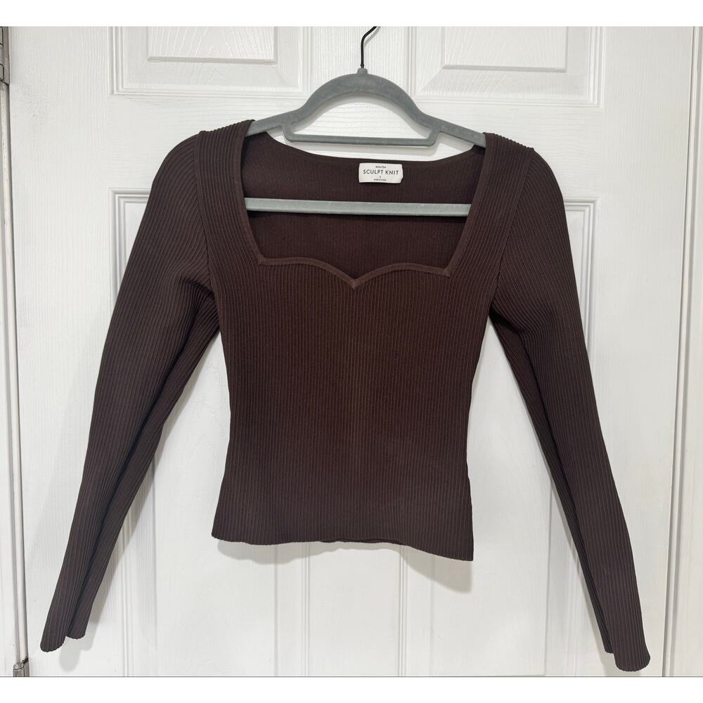 Babaton Sculpt Knit Sweetheart Long Sleeve Brown Ribbed Top Small